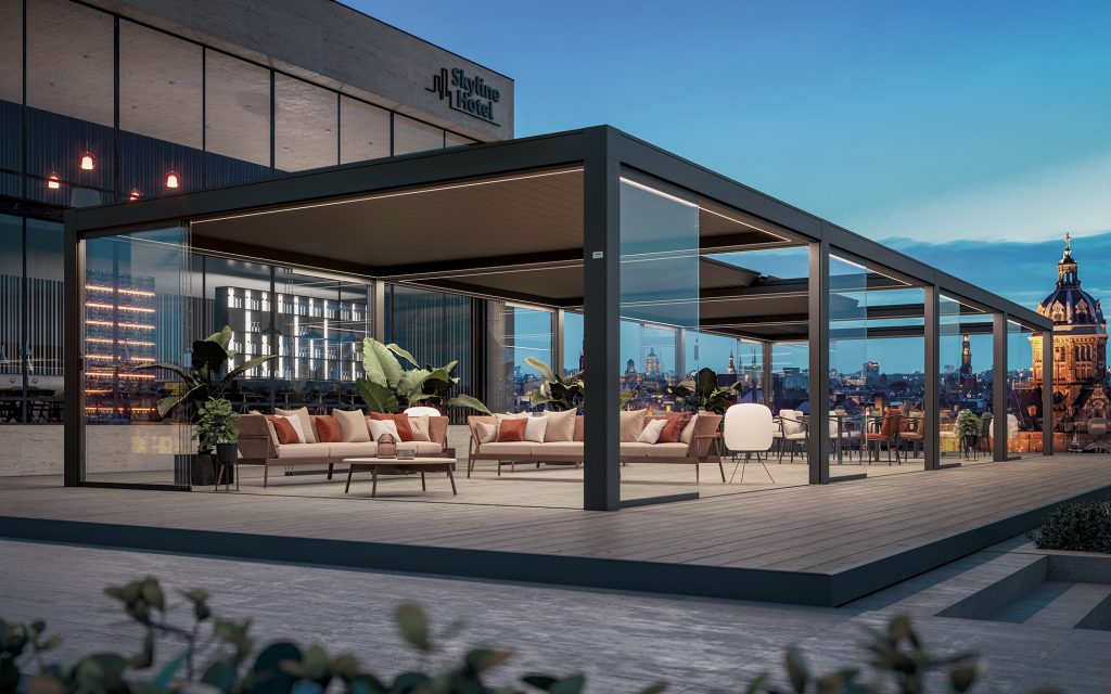 Lanai Iris louvred roof canopy with retractable roof