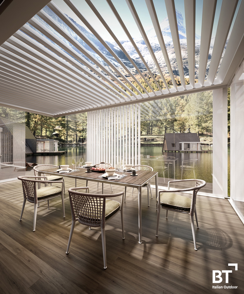 BT Outdoor Iris louvred roof canopy in a UK garden