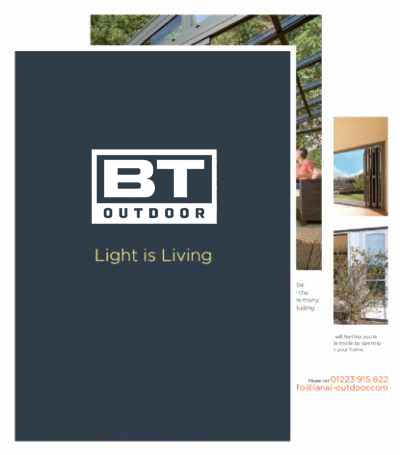 BT Outdoor brochure showing glass verandas, louvred roofs and awnings
