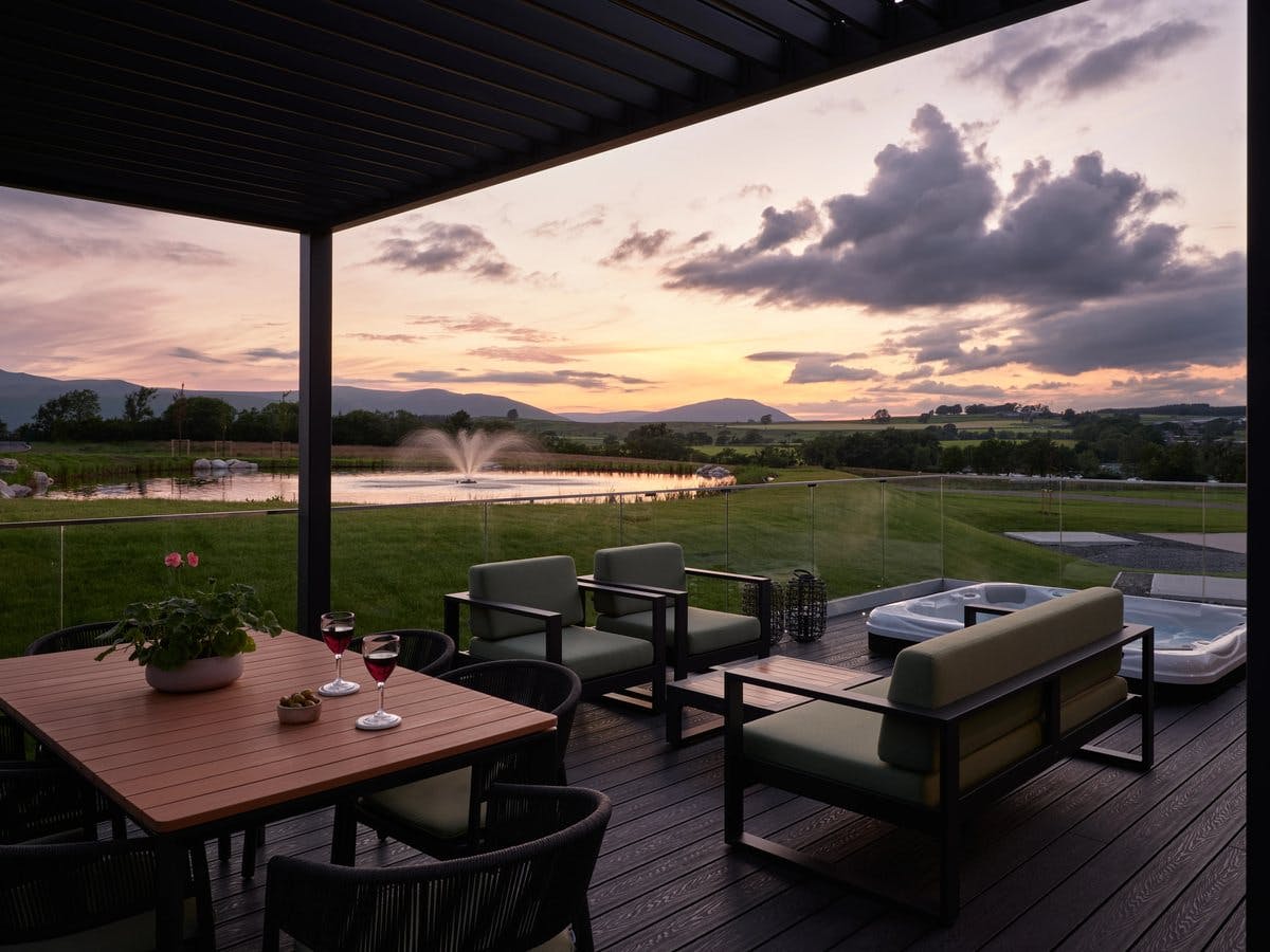 Luxury lodge terrace overlooking the British countryside