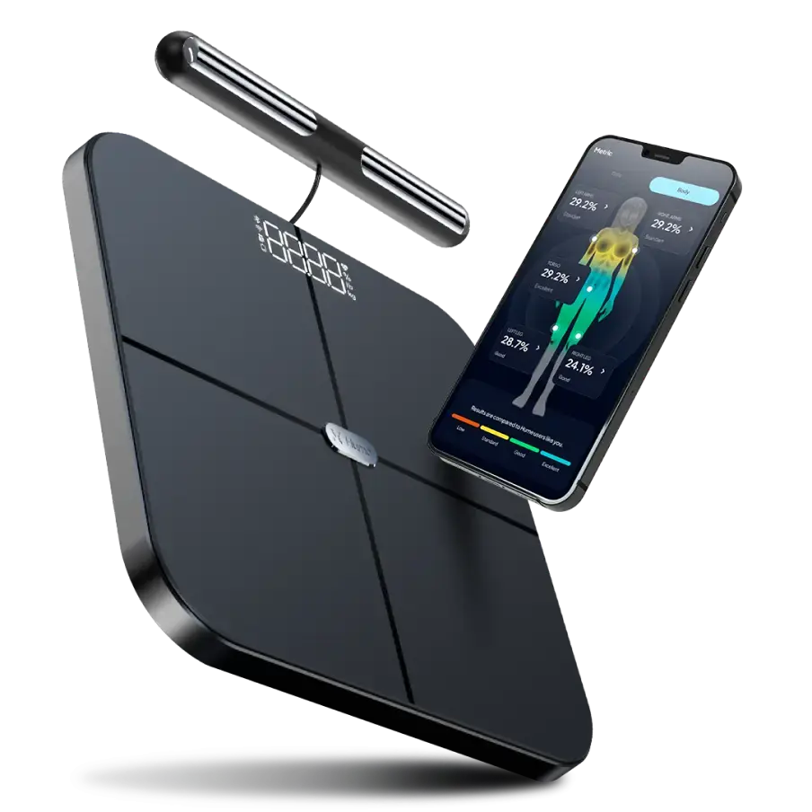Woman standing on Hume Body Pod scale holding a handheld sensor, promoting advanced body insights and analysis with 'Unlock the secrets to your body' message.