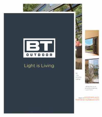 BT Outdoor brochure showing glass verandas, louvred roofs and awnings