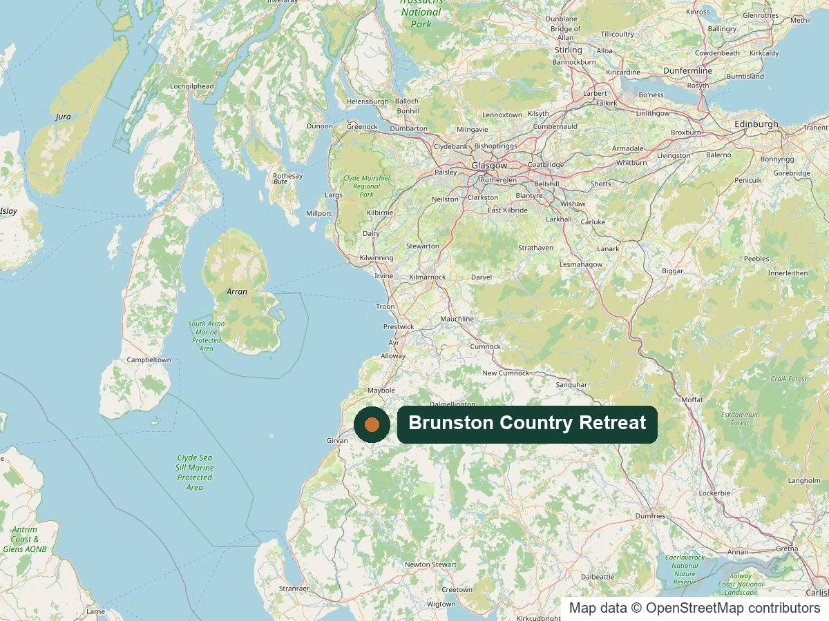 Map of South Ayrshire showing Brunston Country Retreat near Girvan, with Ayr and Glasgow to the north