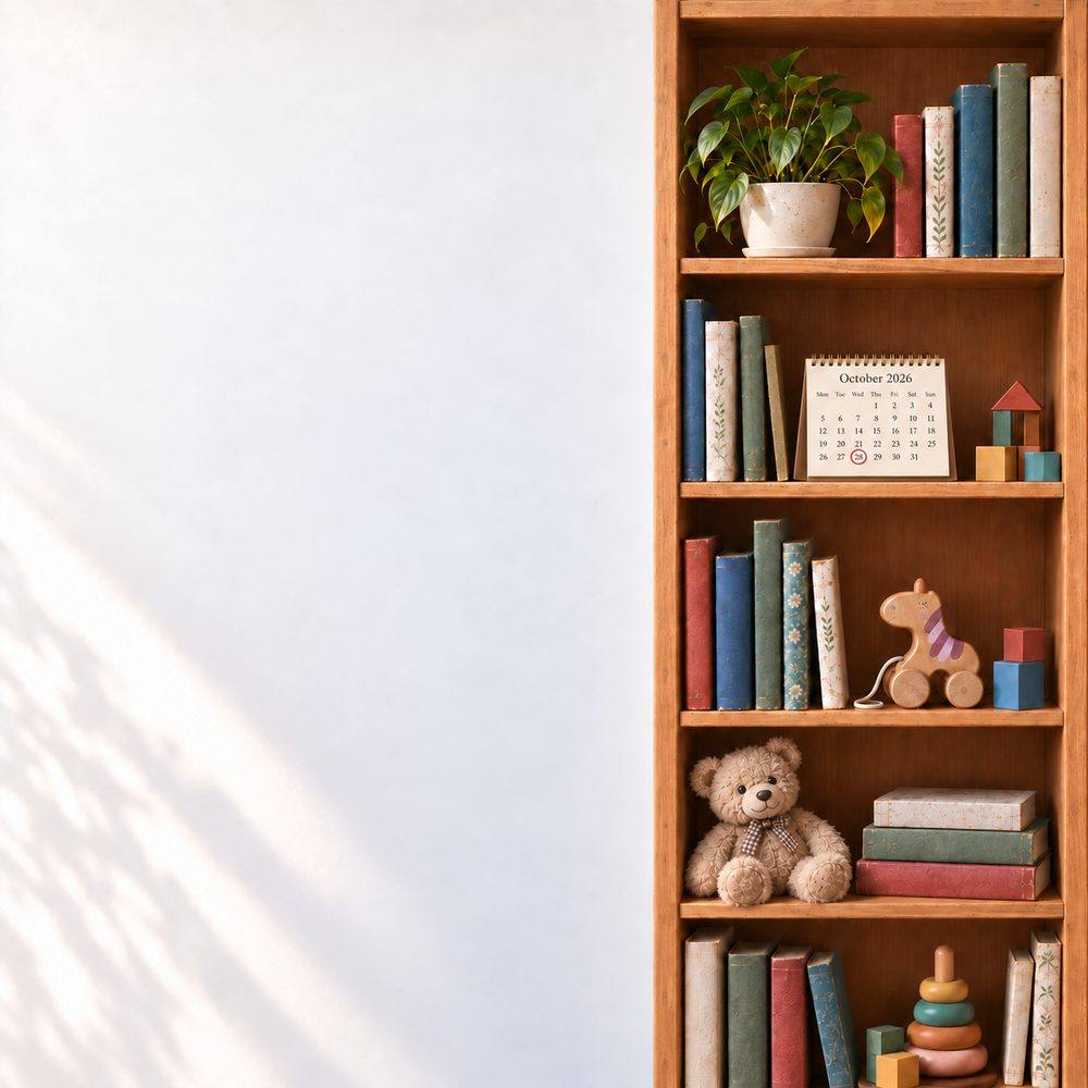 A child's bookcase with books and toys