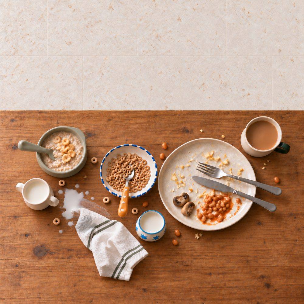 A breakfast table with cereal bowls, a plate, a mug and a small jug