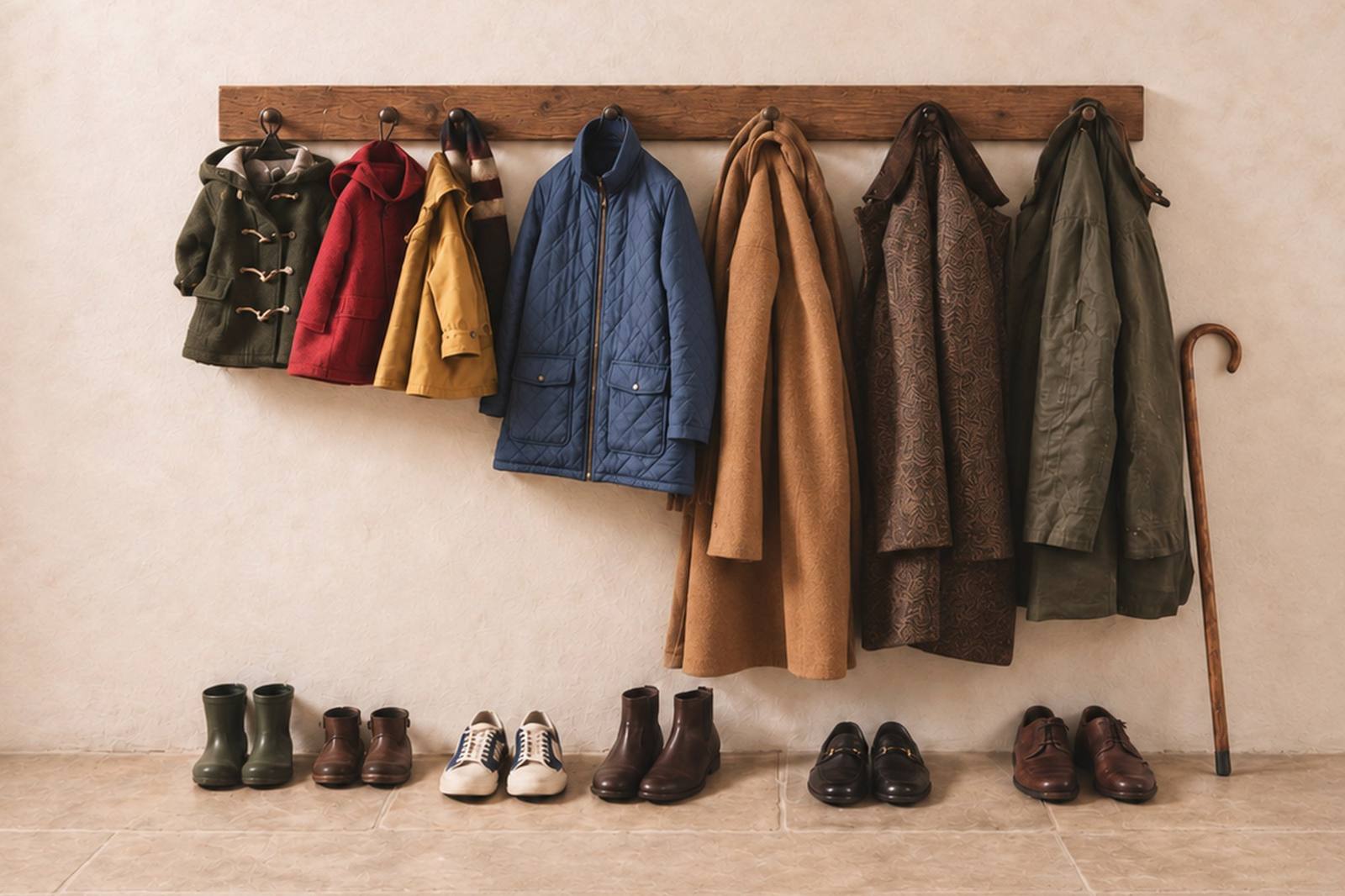 Adults' and children's coats on a hallway rail above shoes