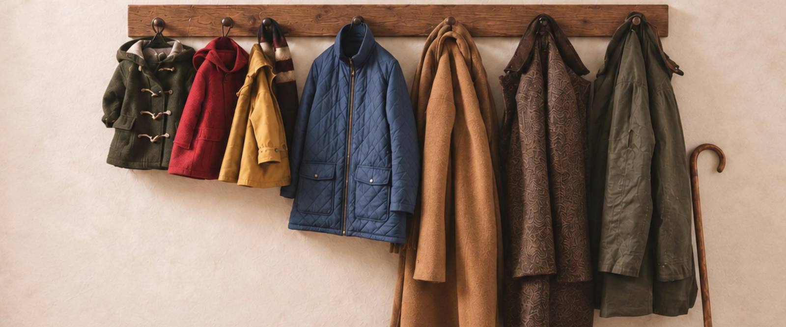 Adults' and children's coats on a hallway rail above shoes