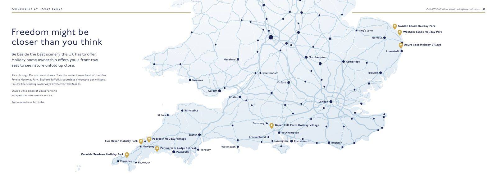 An open spread inside the Lovat Parks ownership brochure showing every park on one map