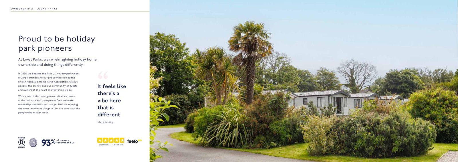 An open spread inside the Lovat Parks ownership brochure about being holiday park pioneers