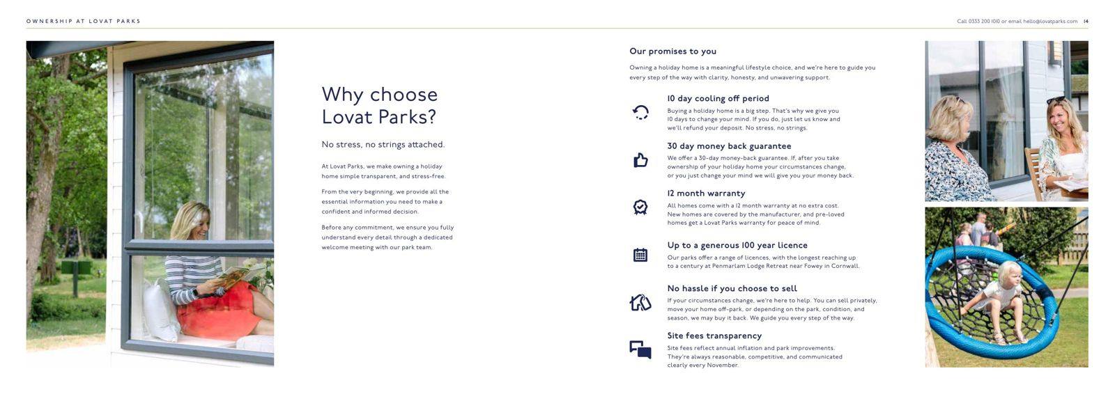 An open spread inside the Lovat Parks ownership brochure showing our promises to owners